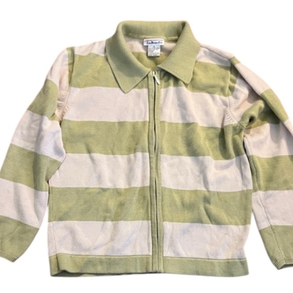 Talbots Sweaters - Talbots Lime Green and Cream Striped Collared Zip Front Sweater